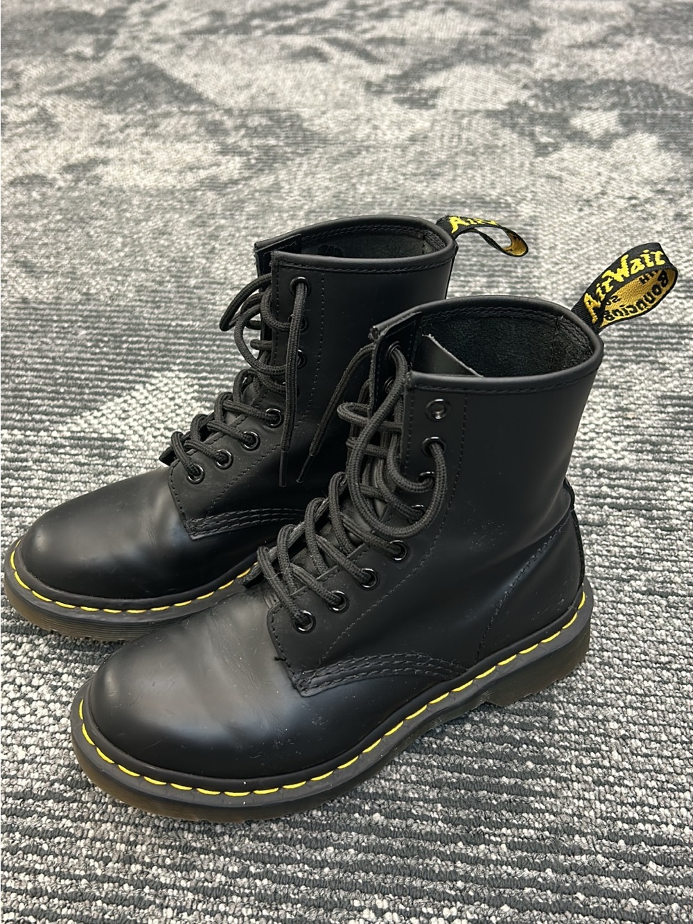 Dr. Martens Black Leather Lace-Up Boots with Yellow Welt